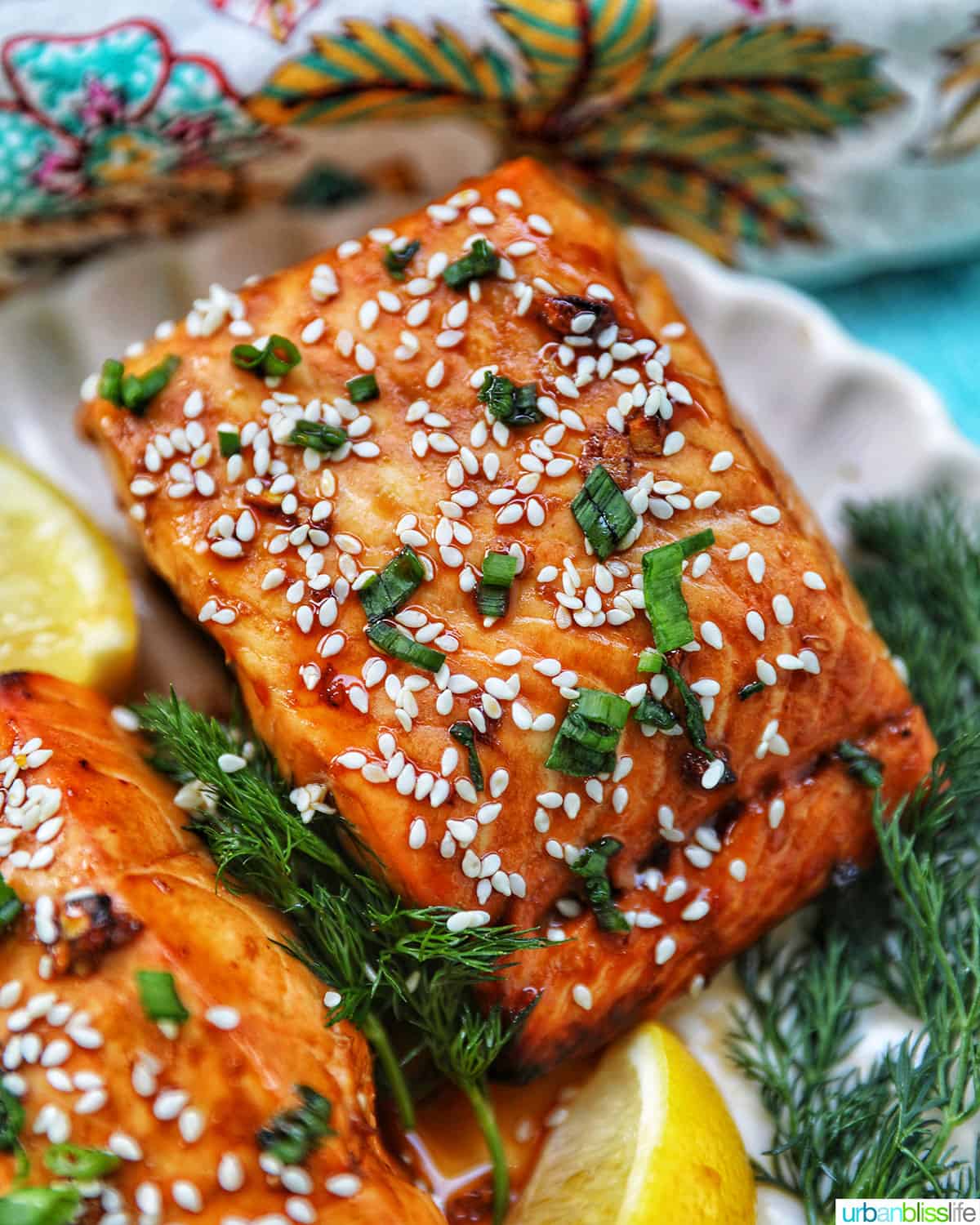 closeup of air fryer teriyaki salmon