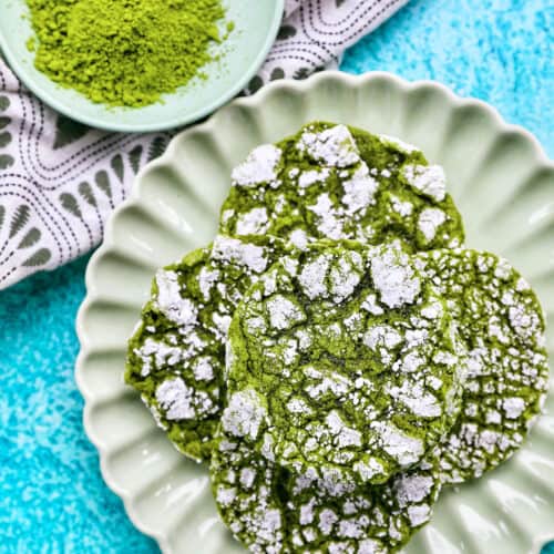 plate of matcha crinkle cookies