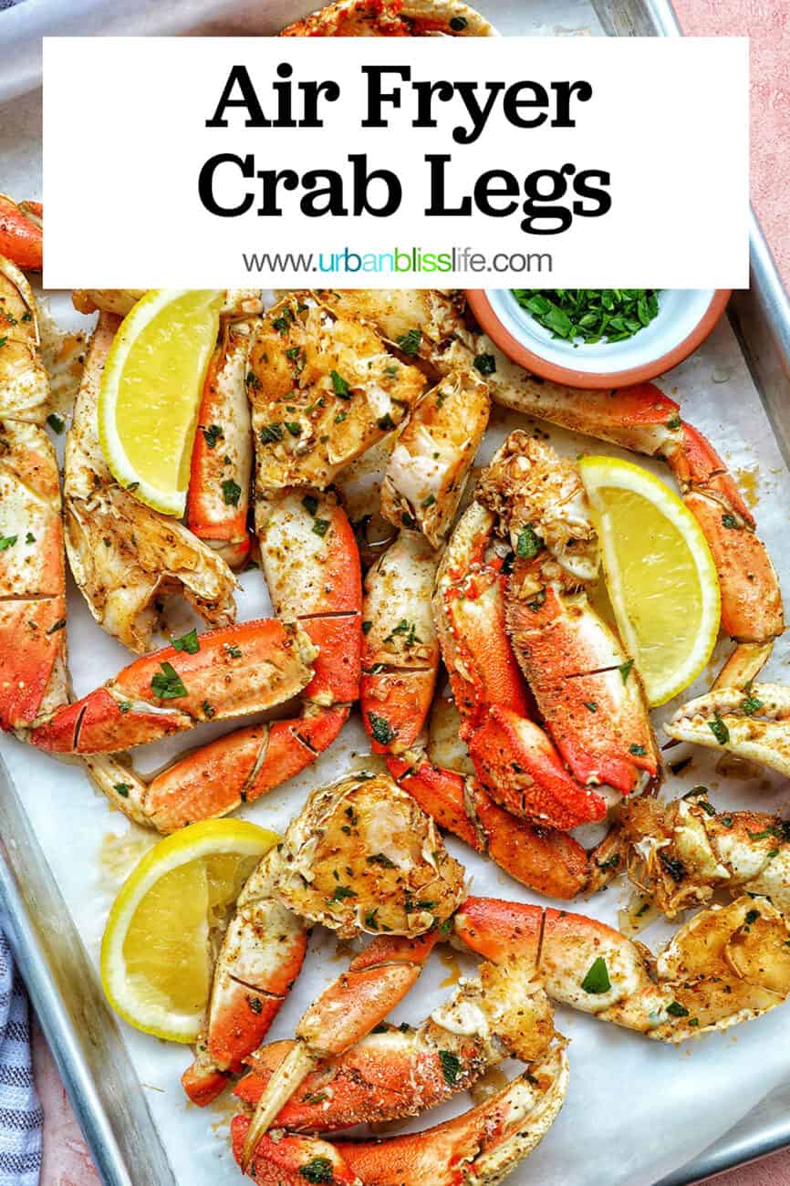 air fryer crab legs on a baking sheet, with title text overlay.