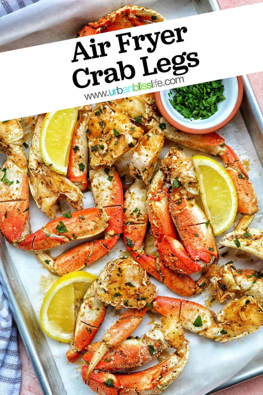 air fryer crab legs on a baking sheet, with title text overlay.