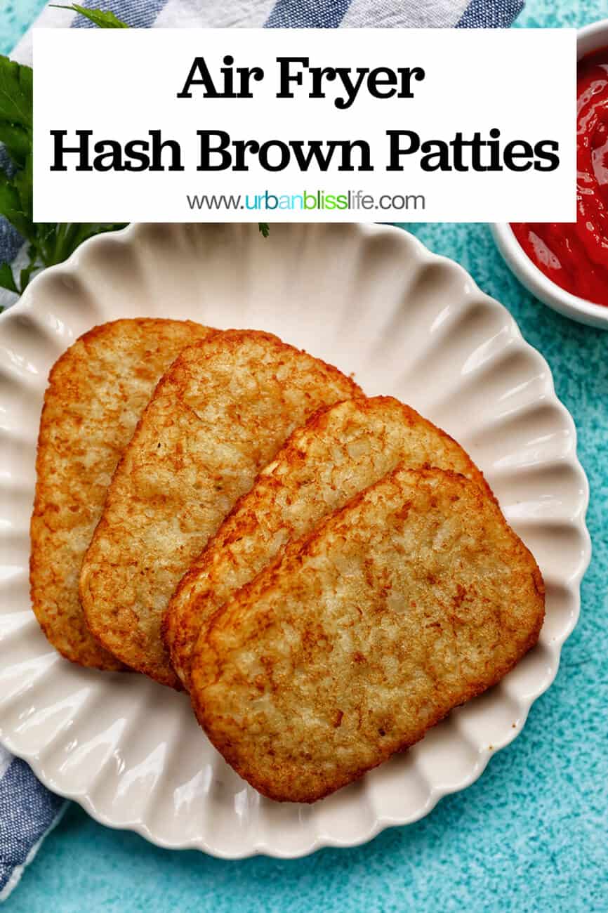 air fryer hash brown patties with title text overlay