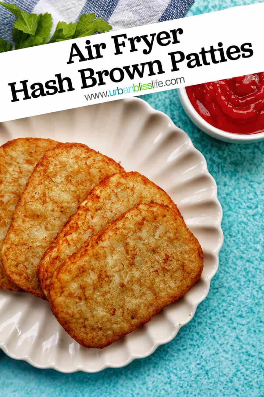 air fryer hash brown patties with title text overlay