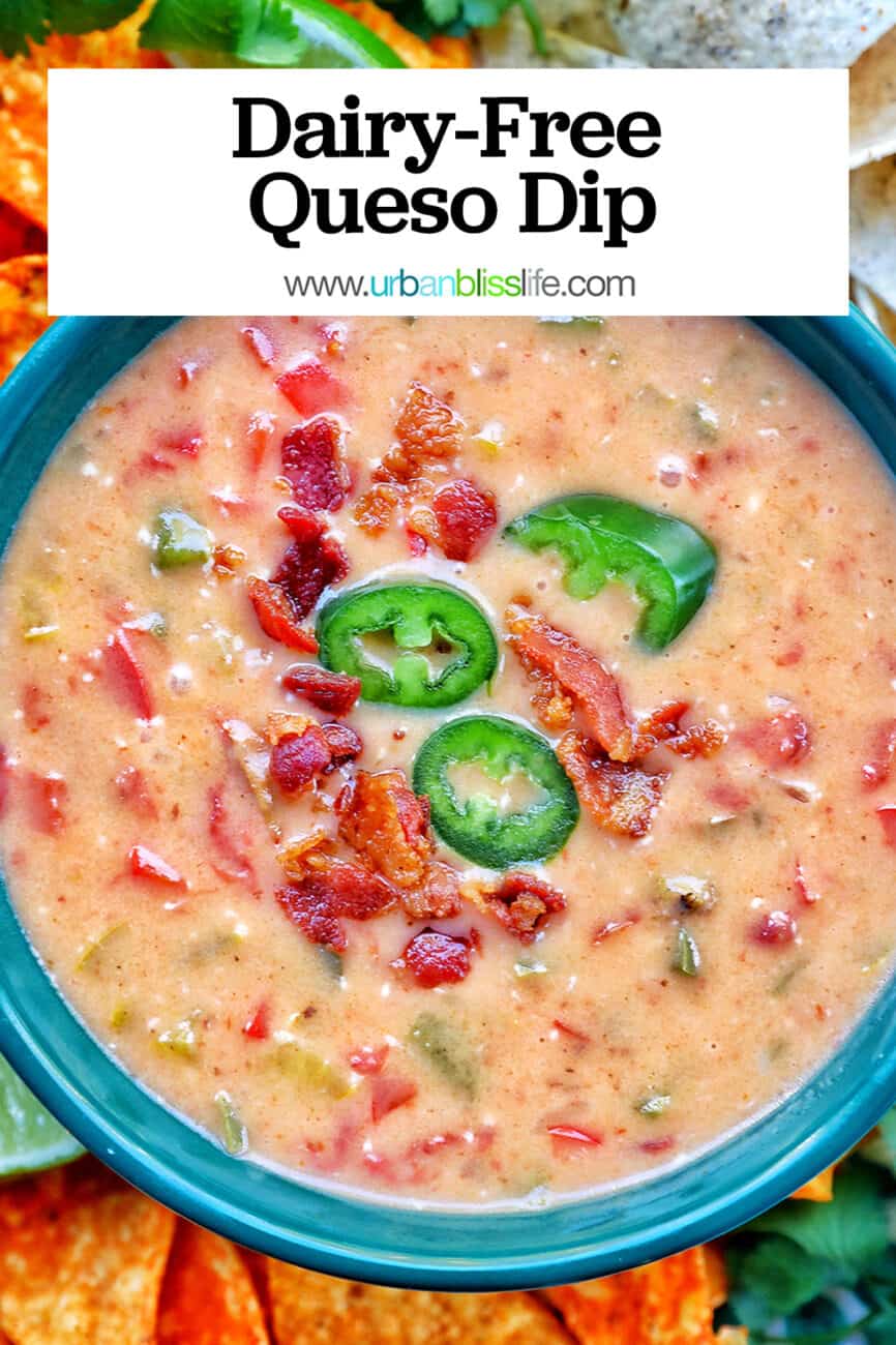 creamy dairy-free queso dip in a blue bowl with text overlay.