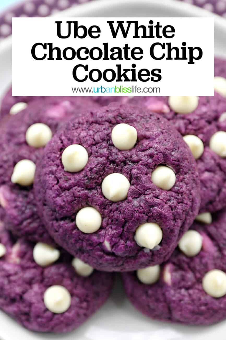 ube white chocolate chip cookies with text overlay