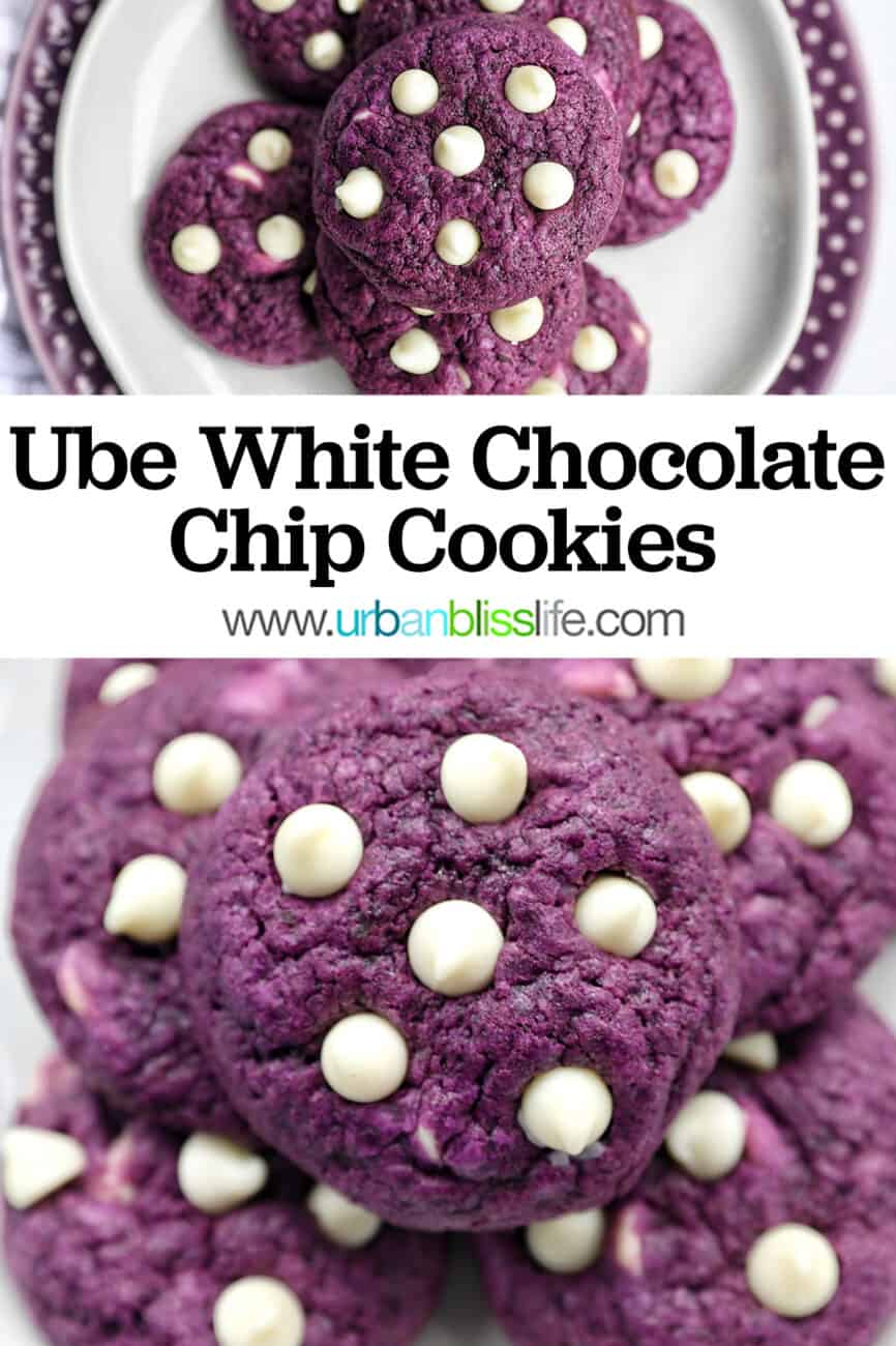 ube white chocolate chip cookies with text overlay