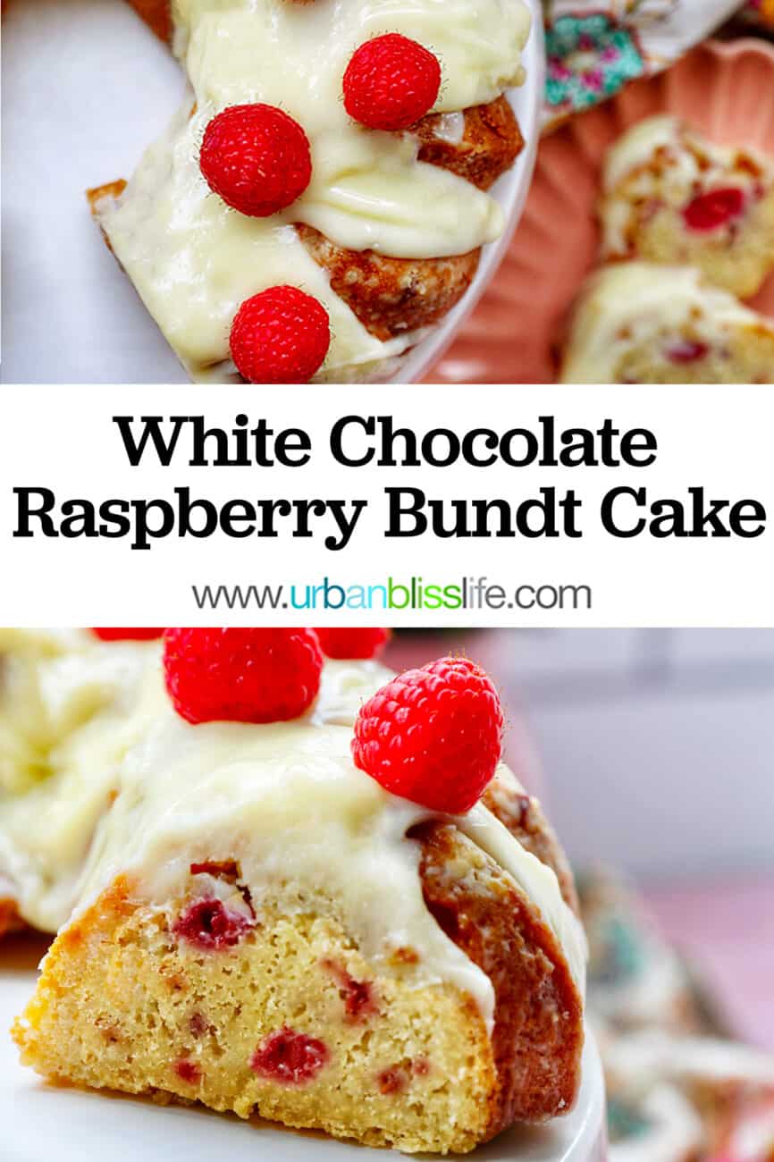white chocolate raspberry bundt cake with text overlay