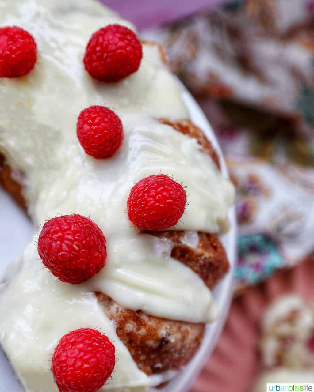 closeup of the top of white chocolate raspberry bundt cake