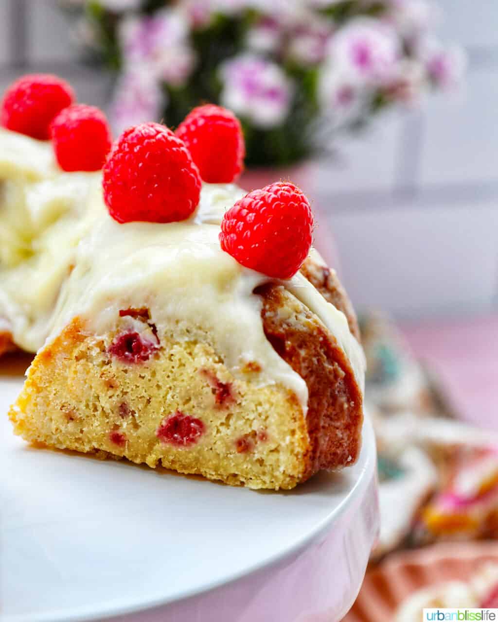 sliced white chocolate raspberry bundt cake