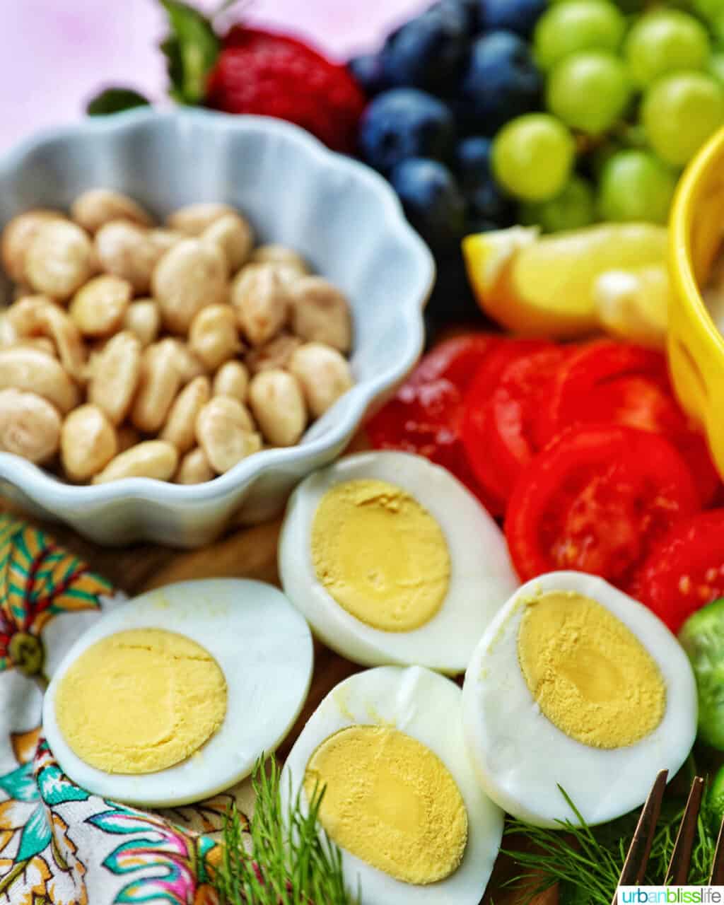 almonds, sliced vegetables and hard boiled eggs