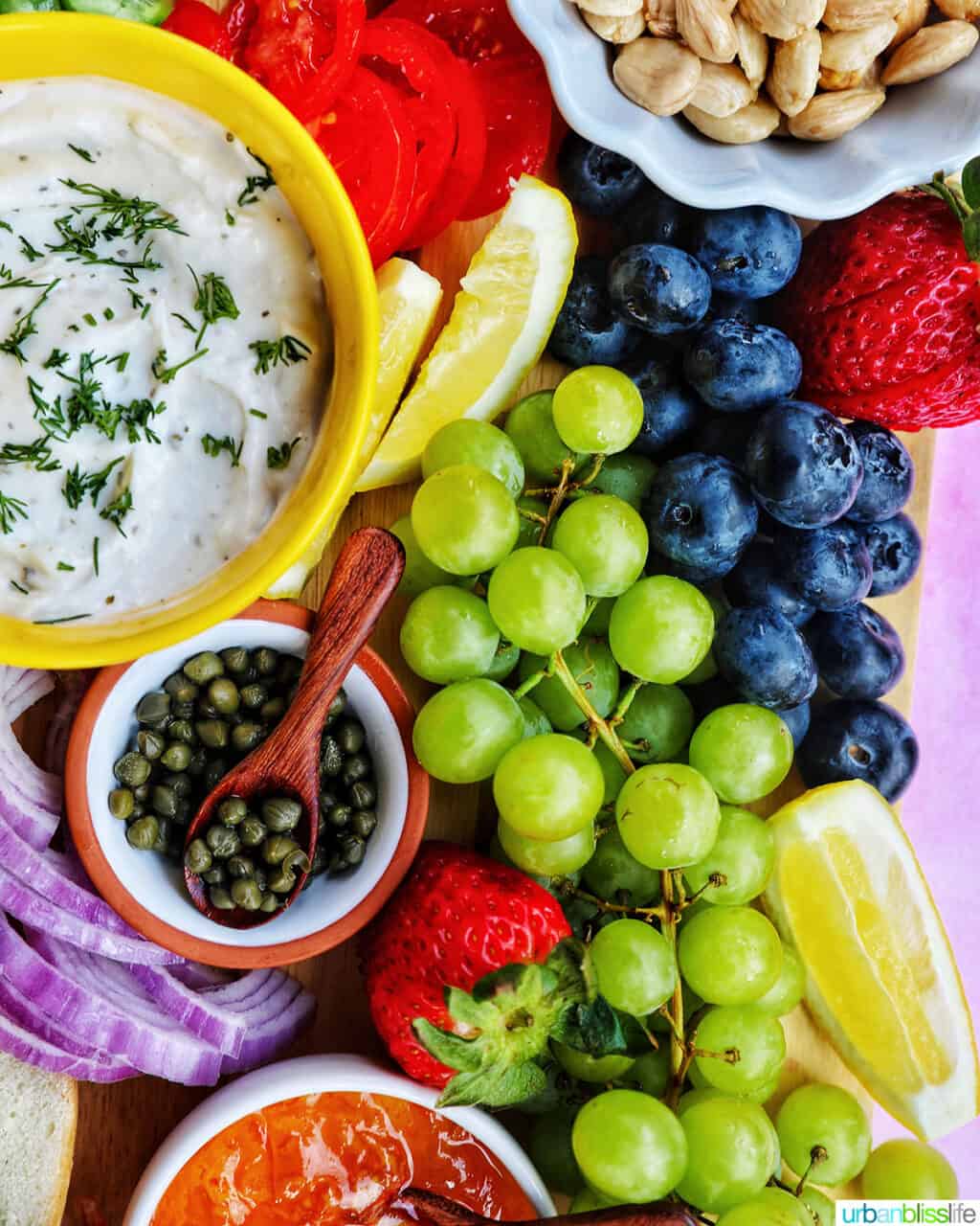 brunch charcuterie board with fruits and veggies