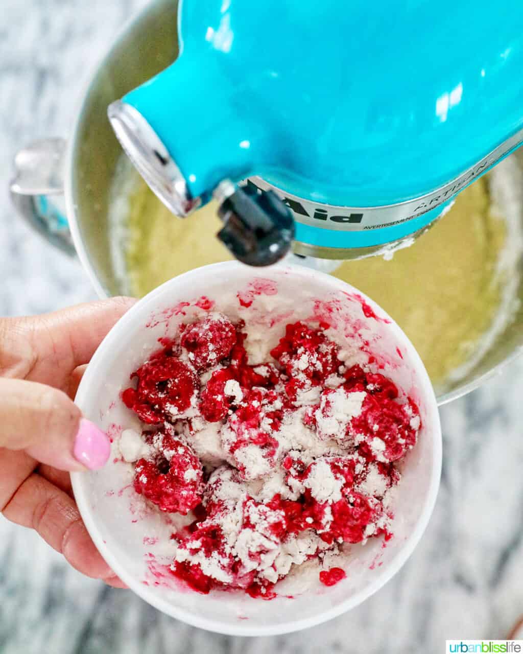 adding raspberries to mixer