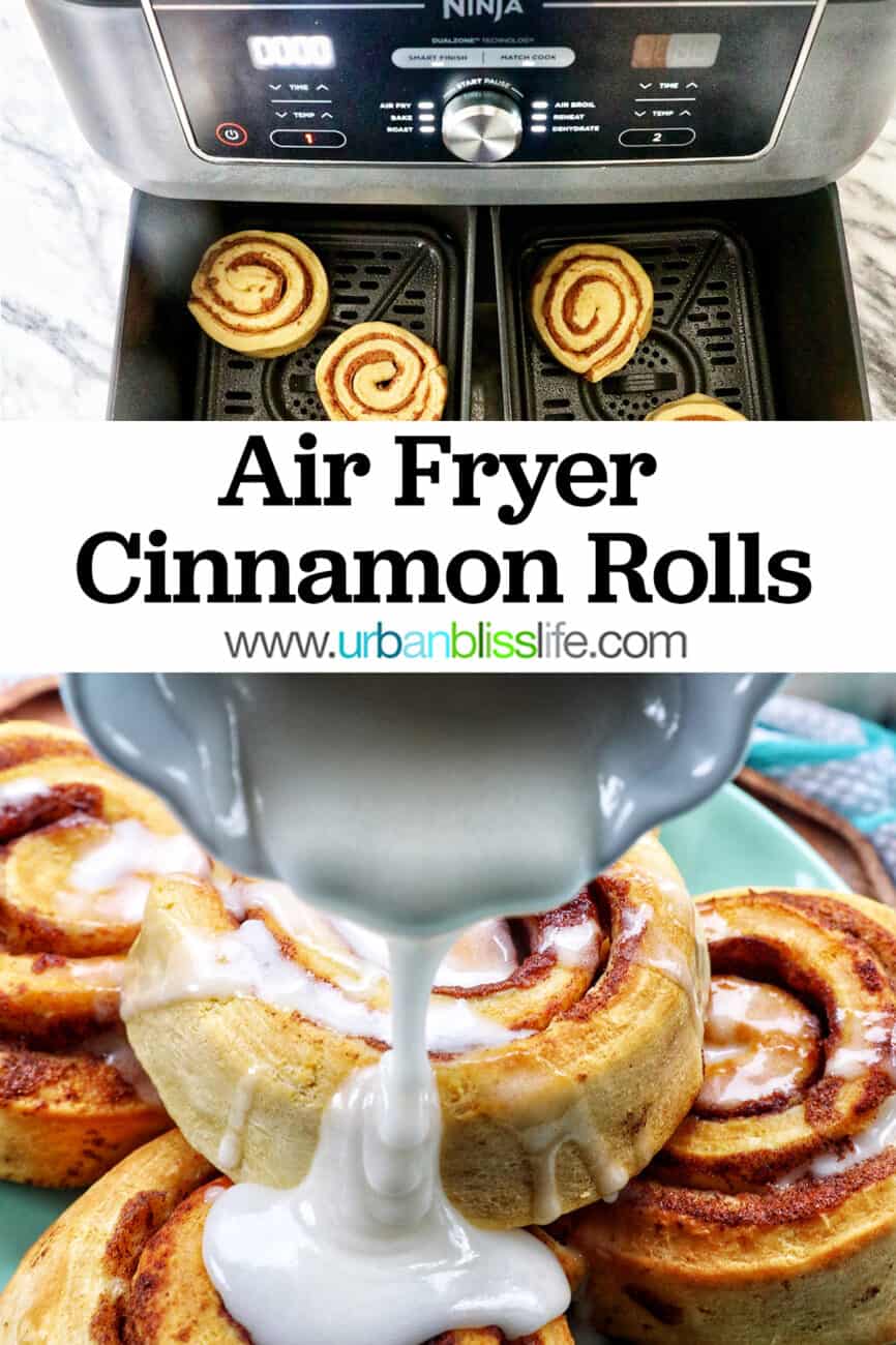 air fryer cinnamon rolls with title text overlay
