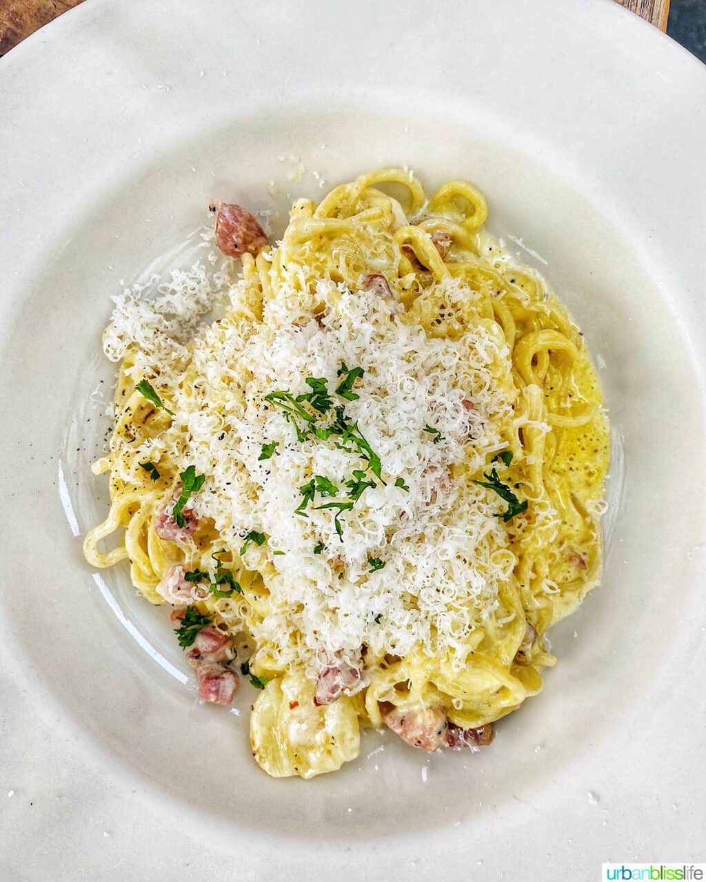 spaghetti carbonara at Allora restaurant