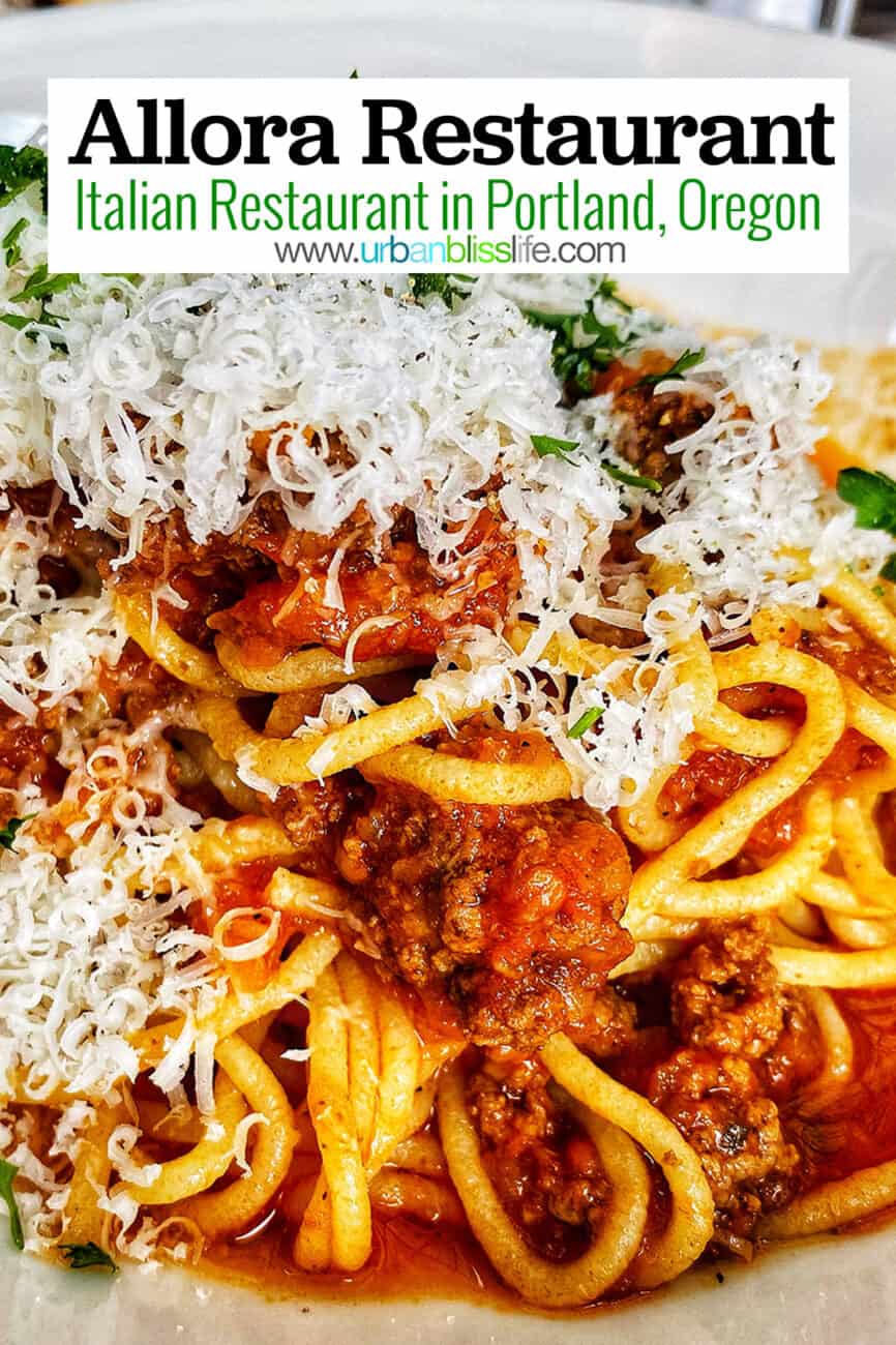 pasta at allora restaurant with title text overlay