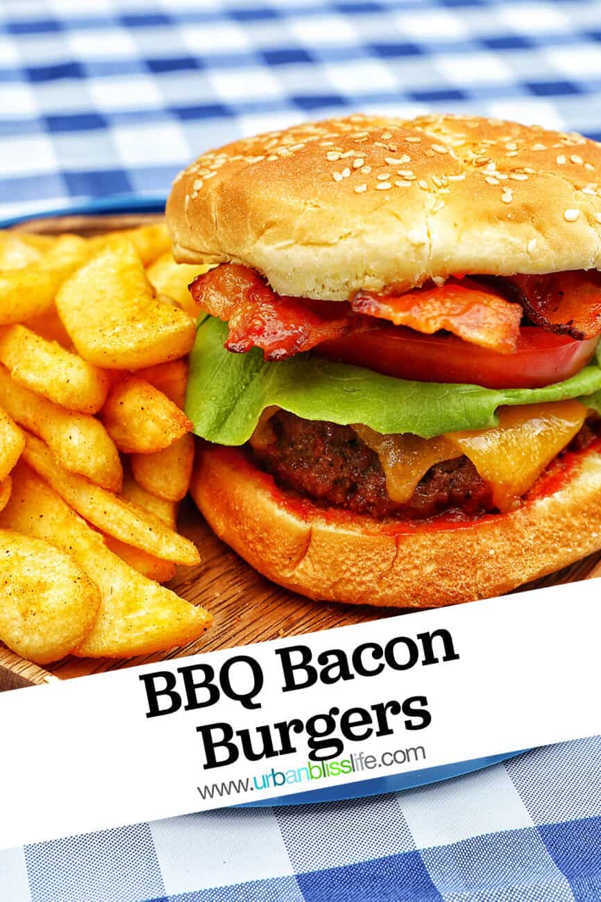 BBQ bacon burgers with title text overlay