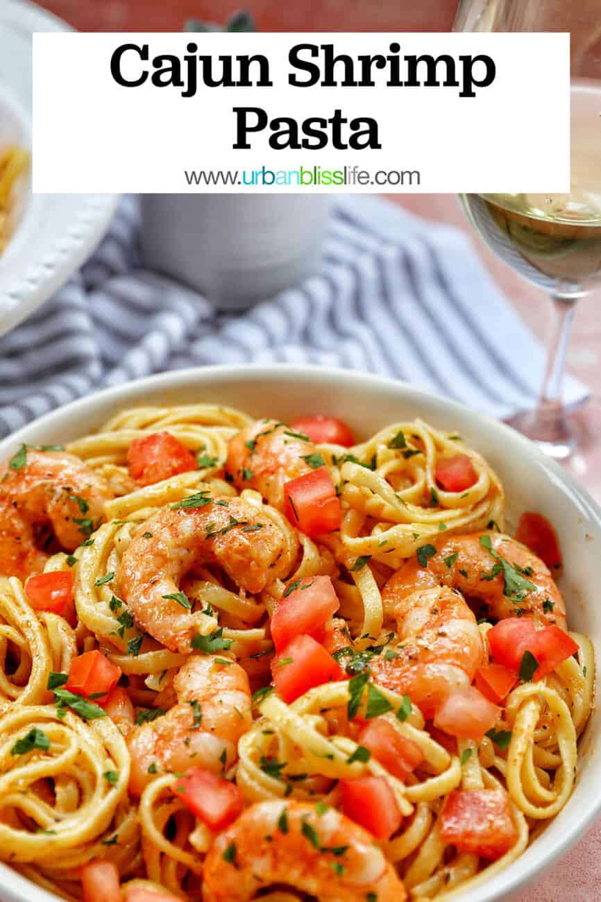 Cajun Shrimp Pasta with title text overlay
