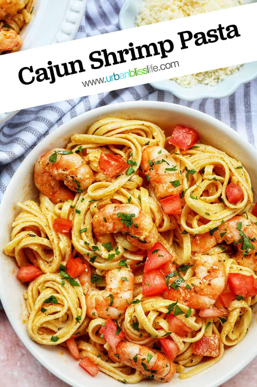 Cajun Shrimp Pasta with title text overlay
