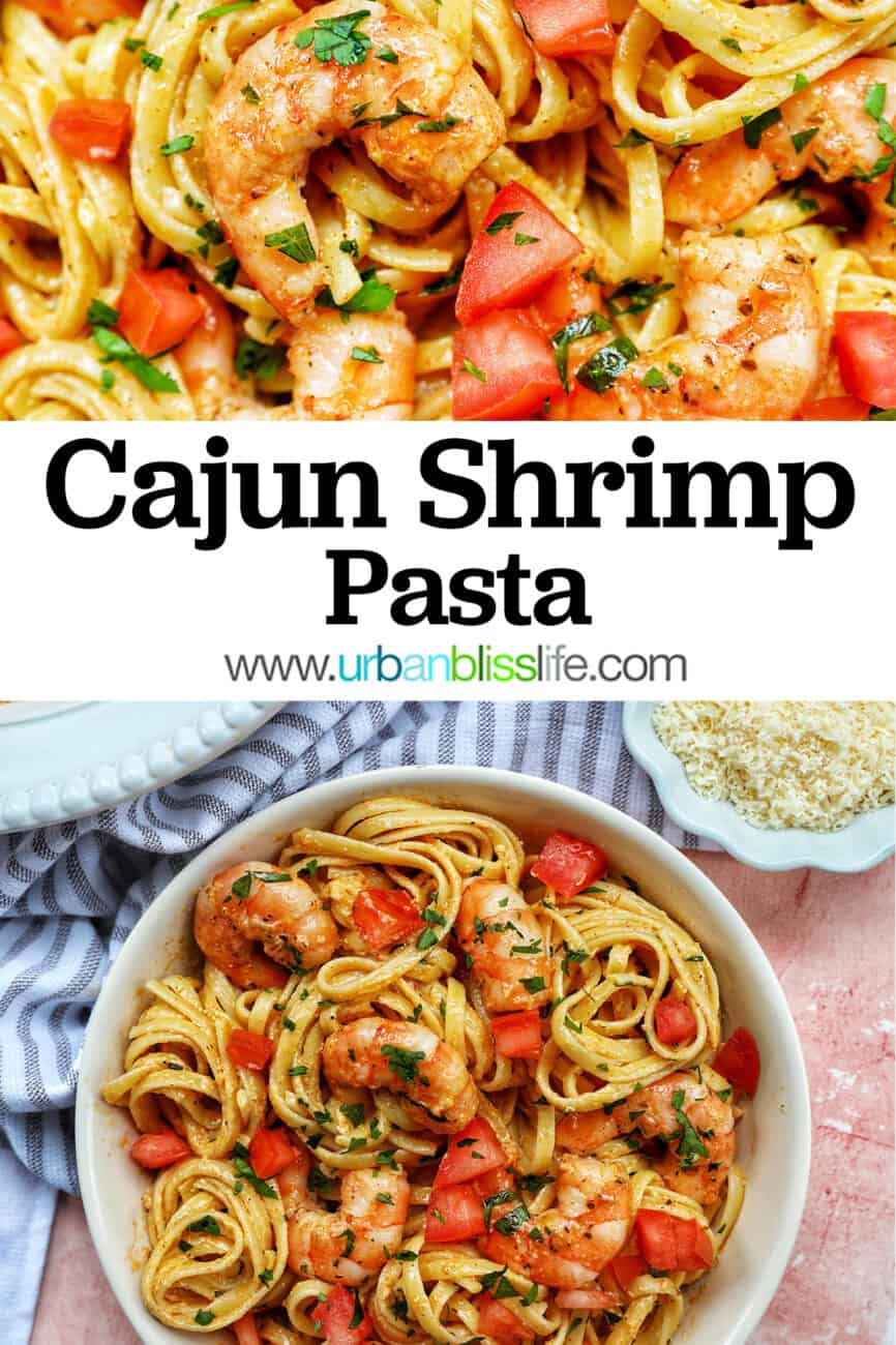 Cajun Shrimp Pasta with title text overlay