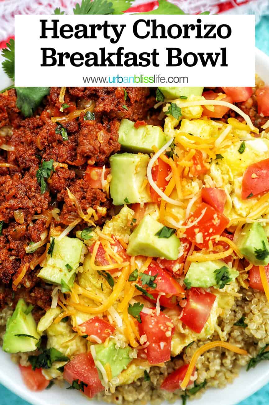chorizo breakfast bowl with title text overlay
