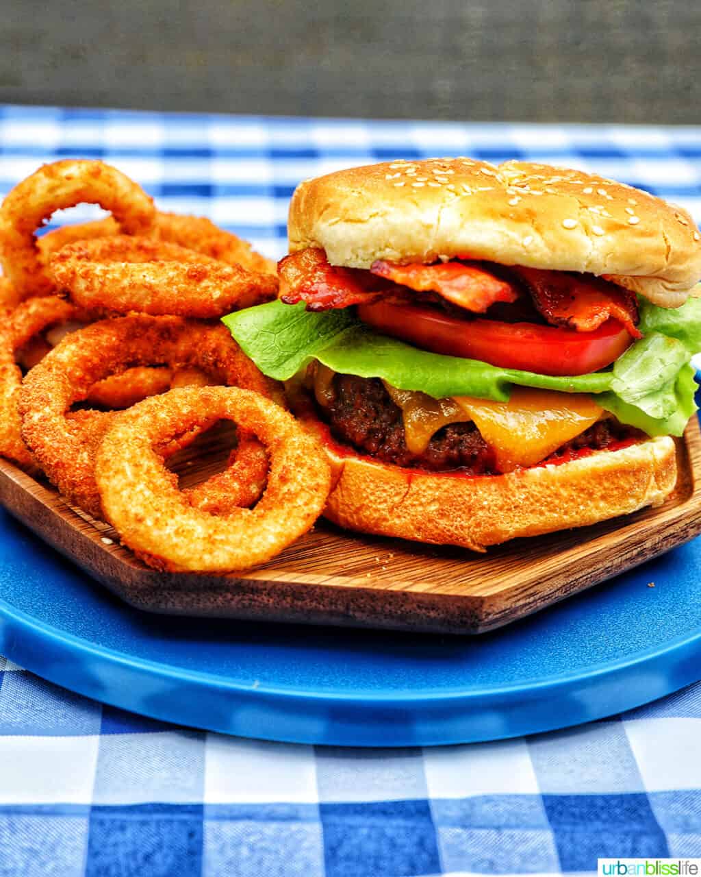 BBQ bacon burger with onion rings