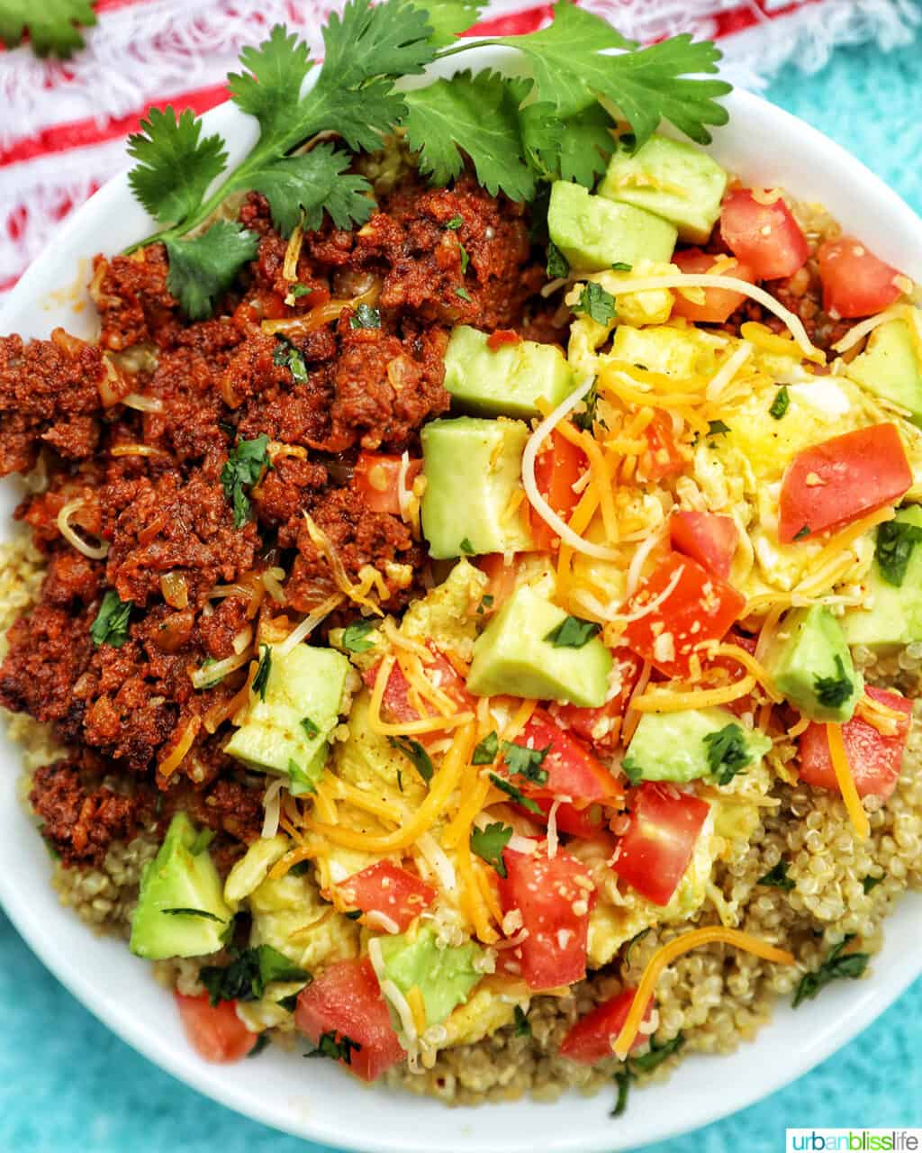 closeup of a chorizo breakfast bowl