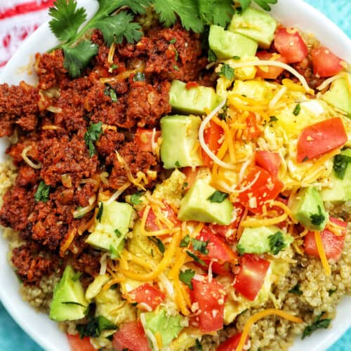 closeup of a chorizo breakfast bowl