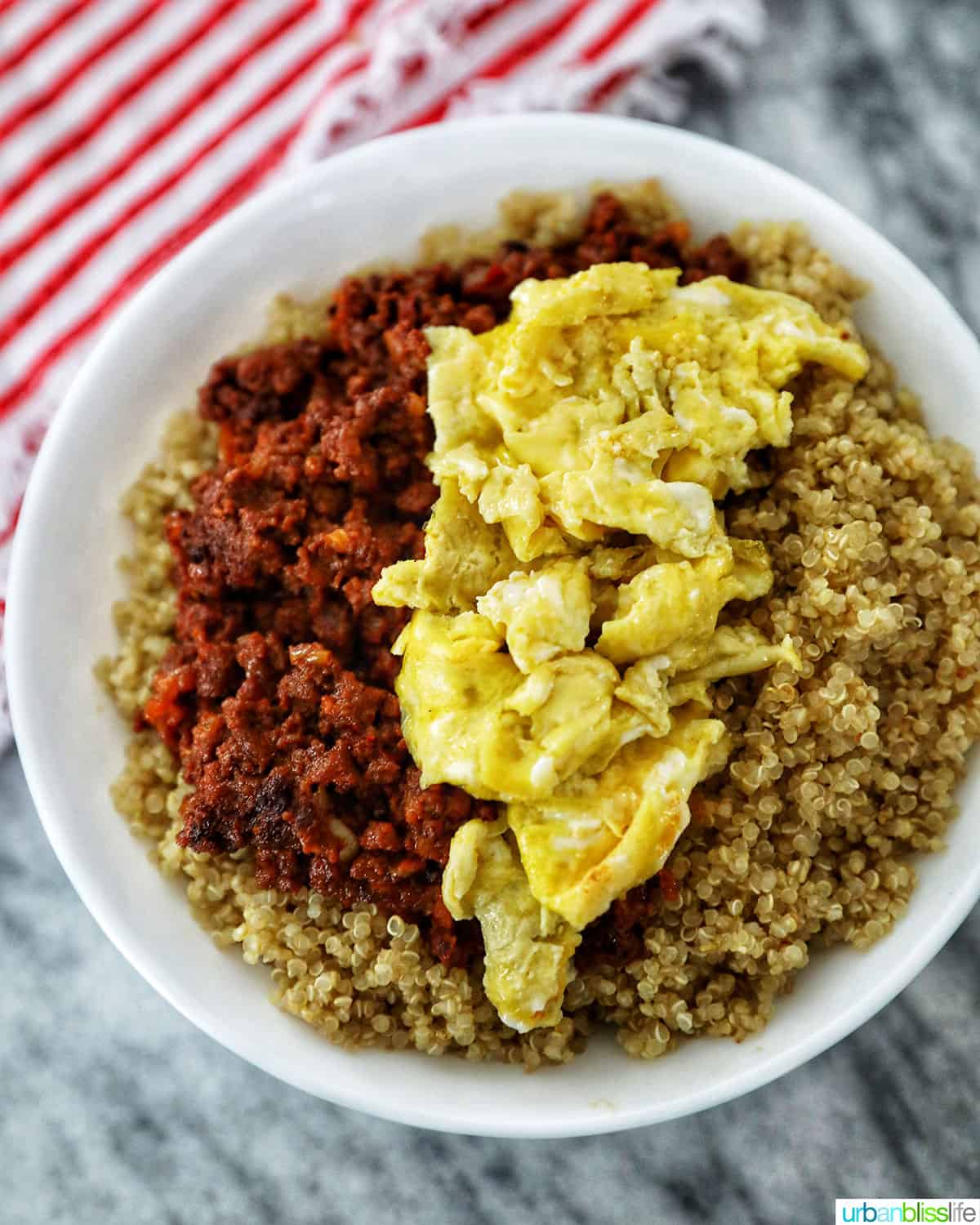 chorizo, eggs, and quinoa in a bowl