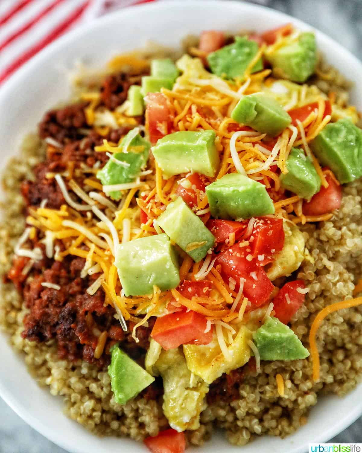 avocados over chorizo breakfast bowl