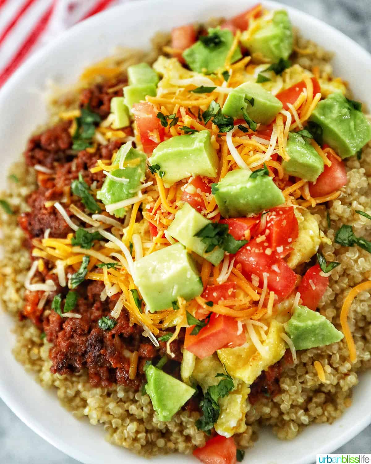 chorizo breakfast bowl topped with cilantro