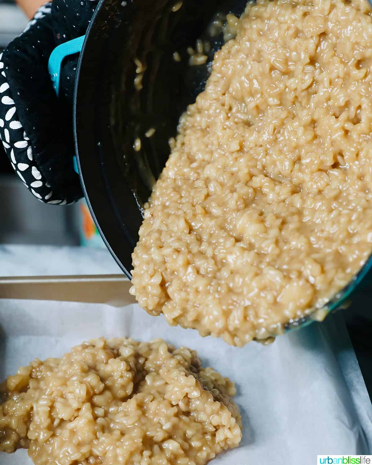 pouring rice biko mixture onto sheet pan
