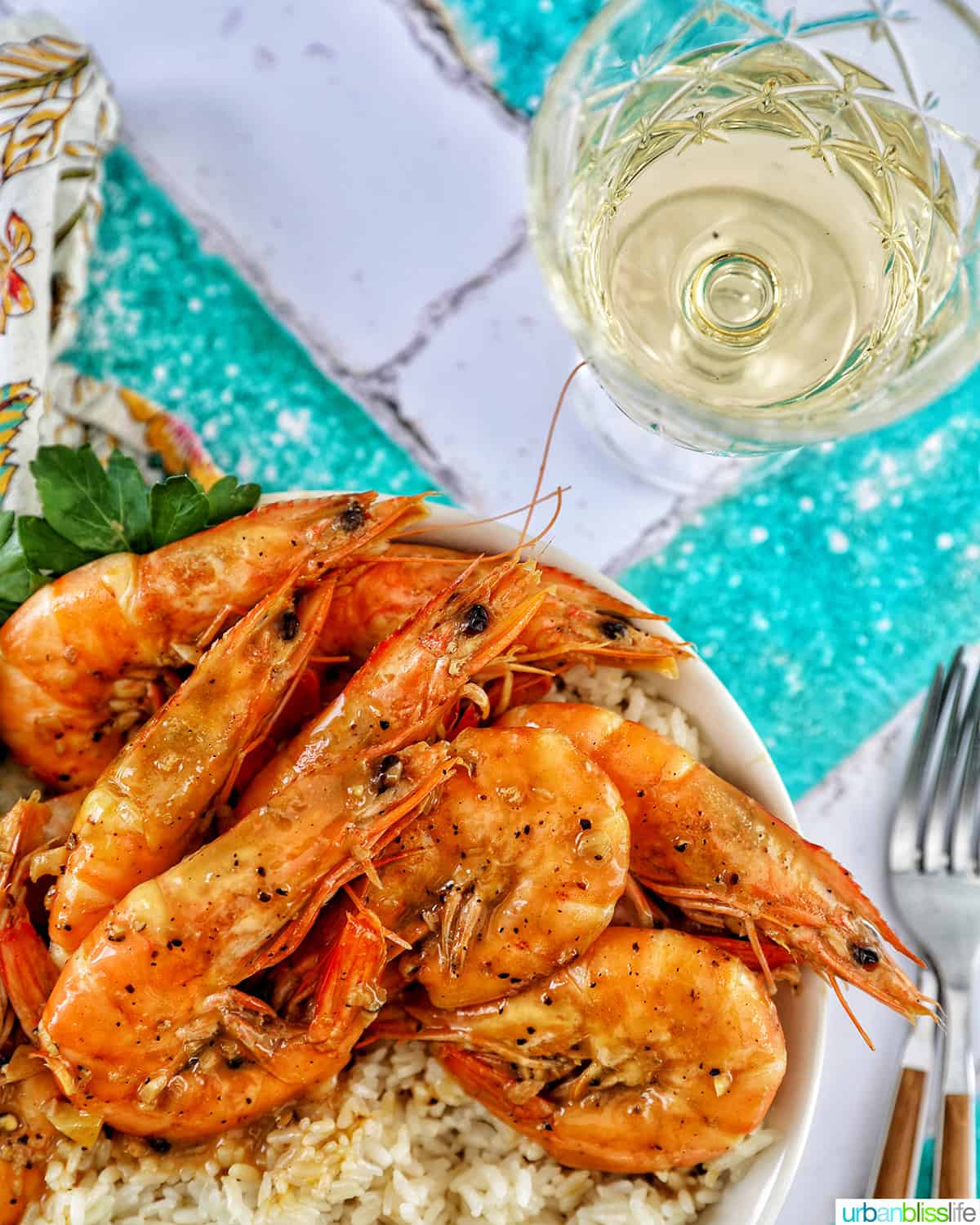 shrimp adobo over rice with a glass of white wine