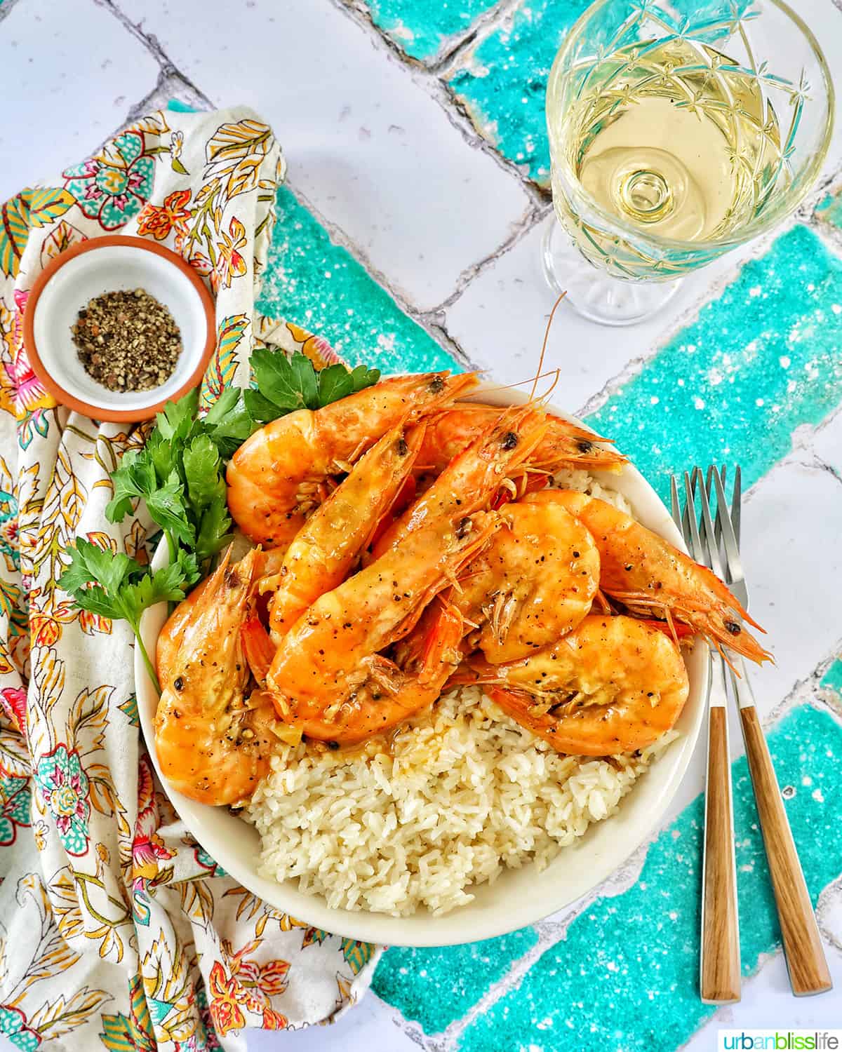 shrimp adobo over rice with a glass of white wine