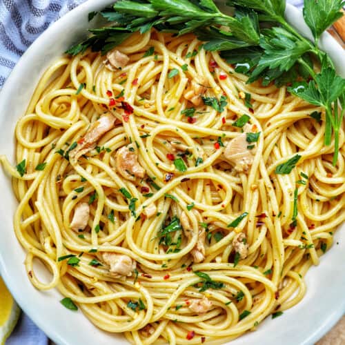 bowl of pasta with clams and white wine sauce