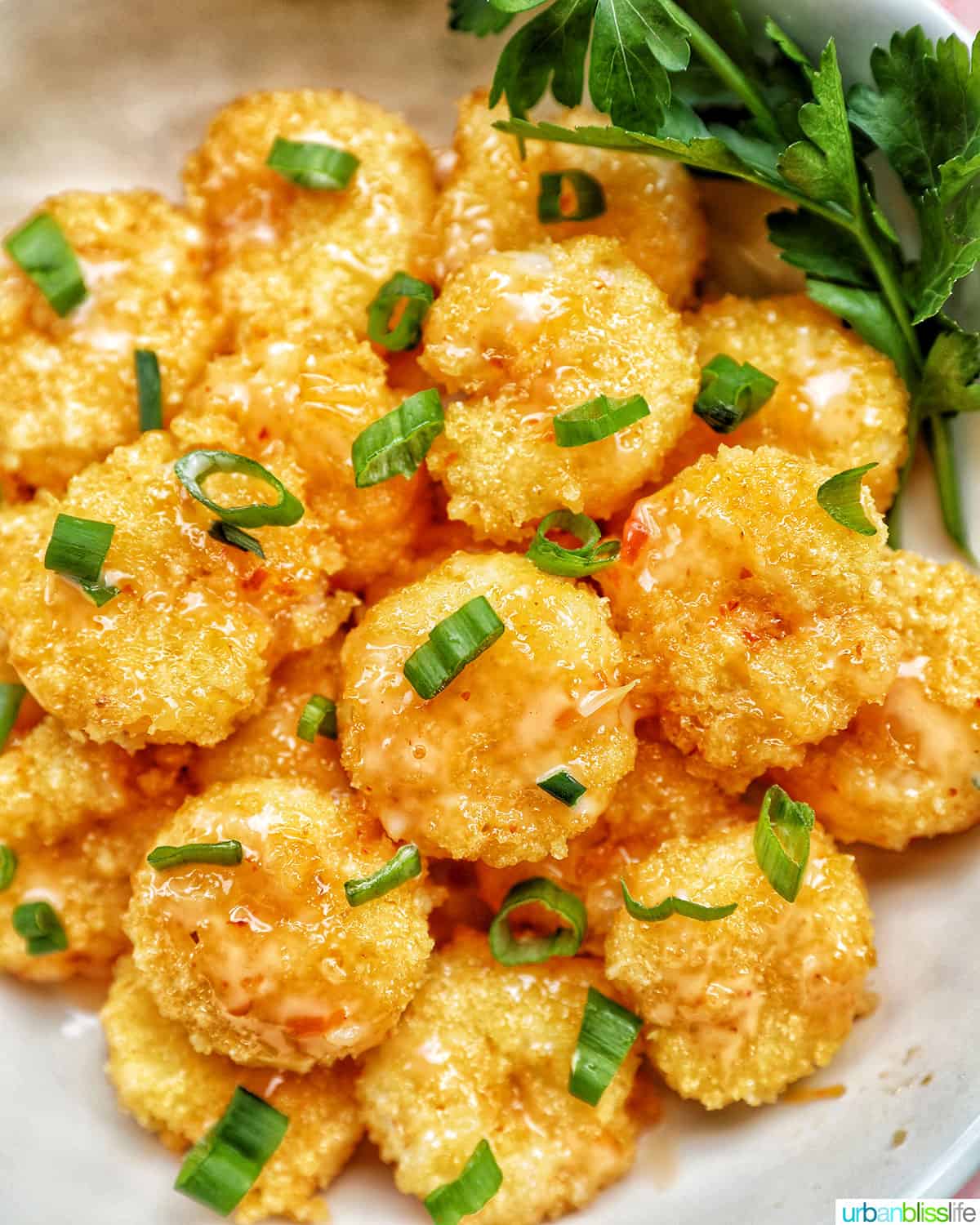 air fryer bang bang shrimp garnished with green onions in a white bowl.