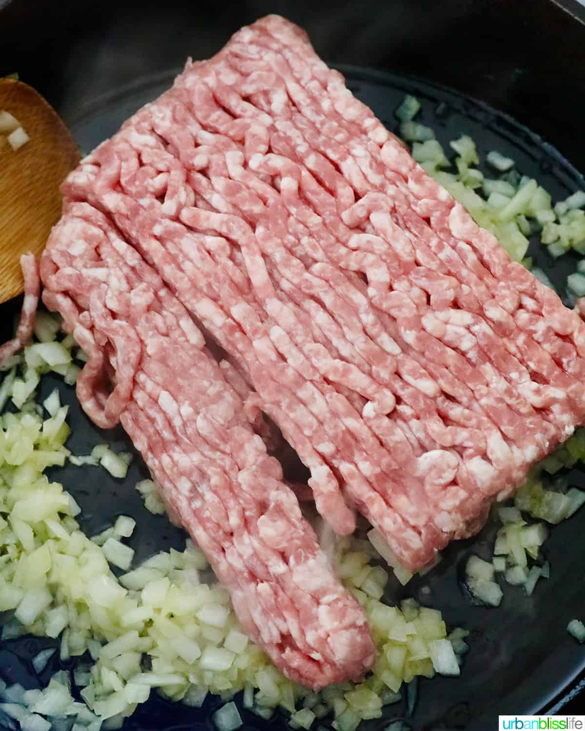 adding ground pork to pan