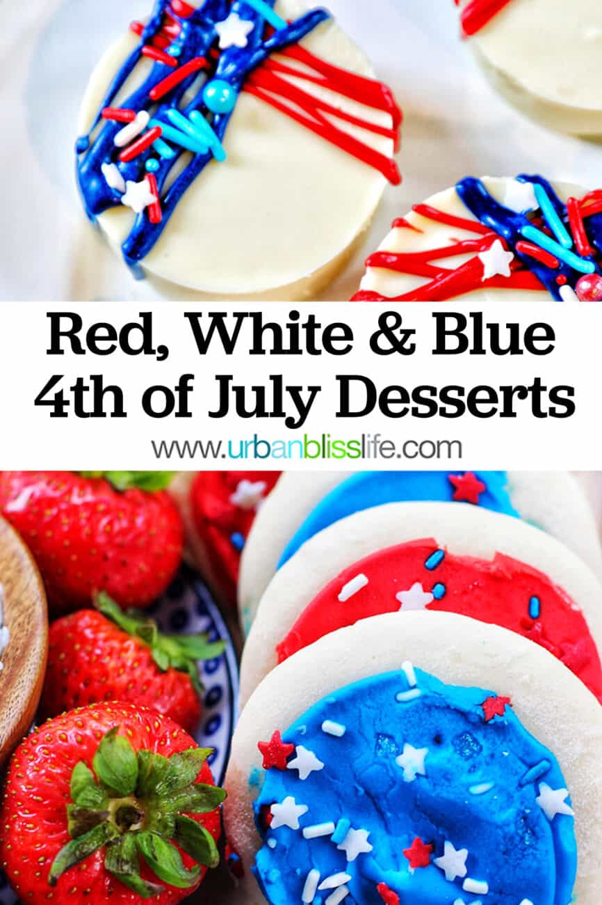 red, white, and blue cookies and strawberries with title text overlay.