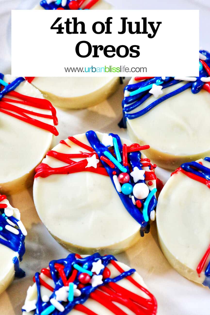 red, white, and blue white chocolate covered 4th of July Oreos with title text overlay.