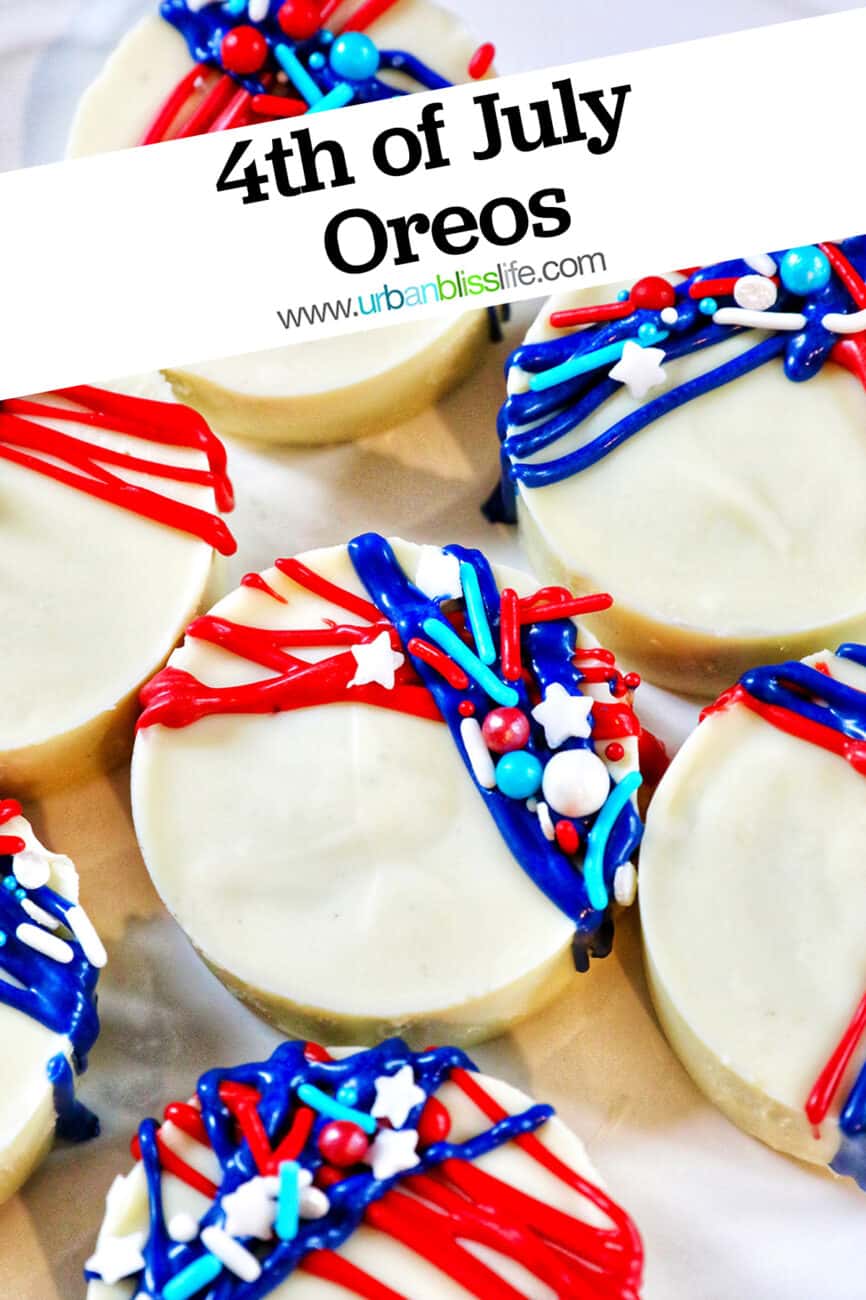 red, white, and blue white chocolate covered 4th of July Oreos with title text overlay.