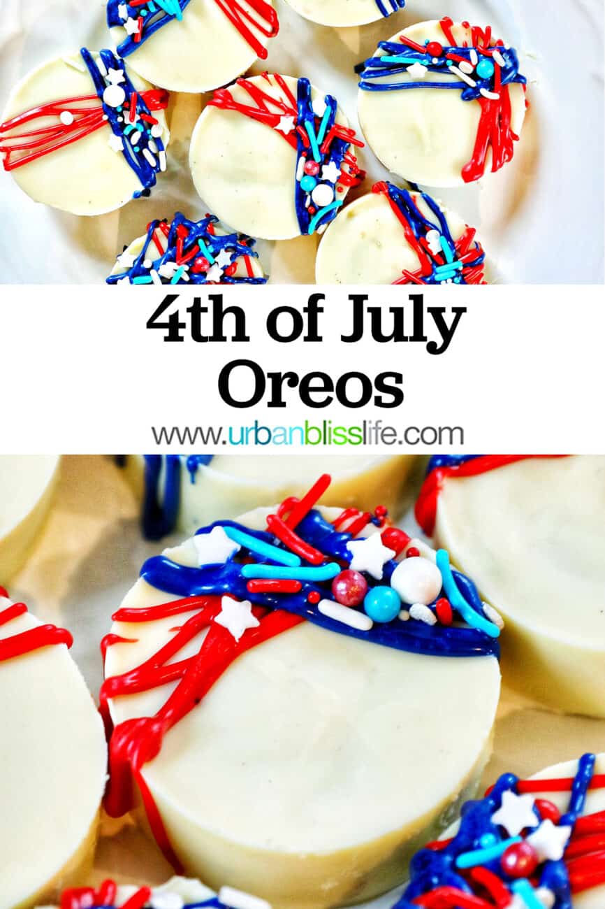 red, white, and blue white chocolate covered 4th of July Oreos with title text overlay.