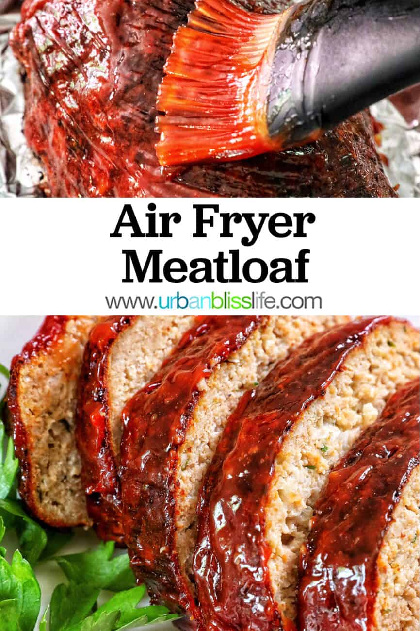 slices of glazed air fryer meatloaf with title text overlay.