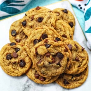 Chocolate chip espresso cookies with brown butter in a stack.