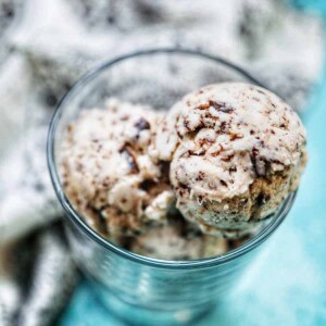 dairy-free chocolate chip ice cream in a glass serving dish.