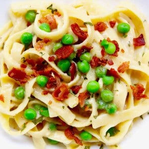 fettuccine with bacon and peas.