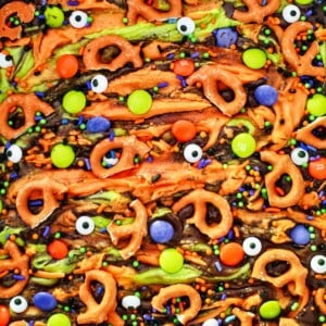 colorful halloween bark with pretzels and melted colored chocolate.