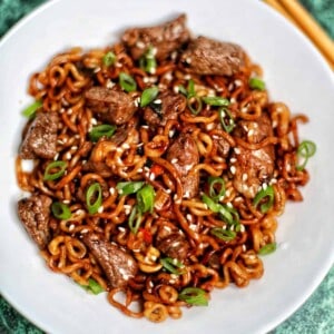 jjapaguri noodle dish in a white bowl.