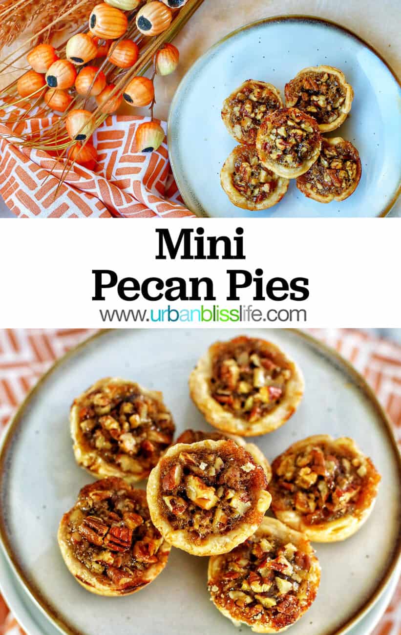 several mini pecan pies on a plate with text overlay.