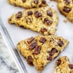 mocha chocolate chip scones cut into triangles.