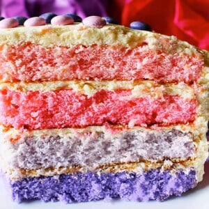 slide of ombre cake with pink and purple layers