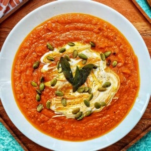 vegan pumpkin soup in a bowl.