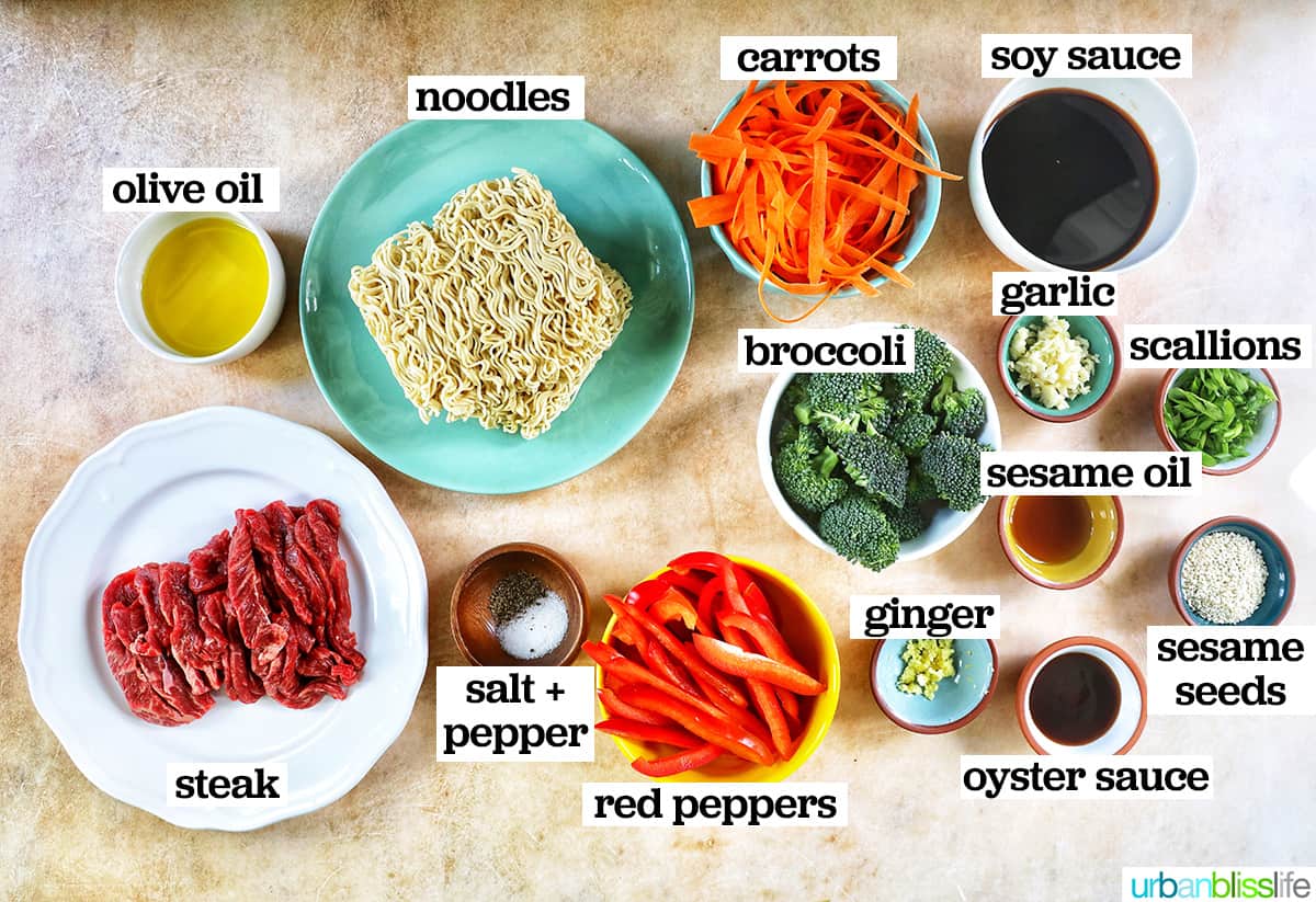 Bowls filled with individual ingredients to make sesame garlic noodles with steak, on a yellow table.
